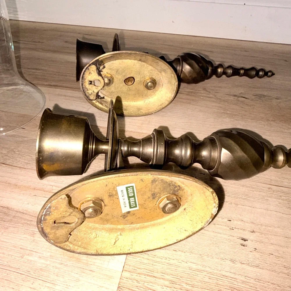 Pair of Vtg Antique Brass Hurricane Wall Sconces with Clear Glass Shades 18in